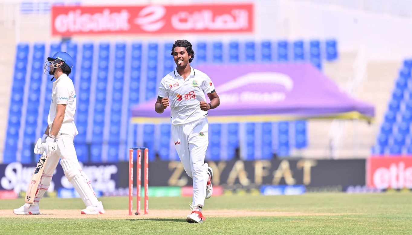 Bangladesh puts Afghanistan under pressure by breaking a 70-run partnership; Hasan becomes the first pacer to claim a Test hat-trick.